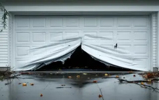 Residential garage door with wind and flood damage showing dented panels, impact marks, and water staining