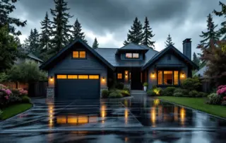 Portland home with dark garage door during heavy thunderstorm with wet driveway and storm clouds