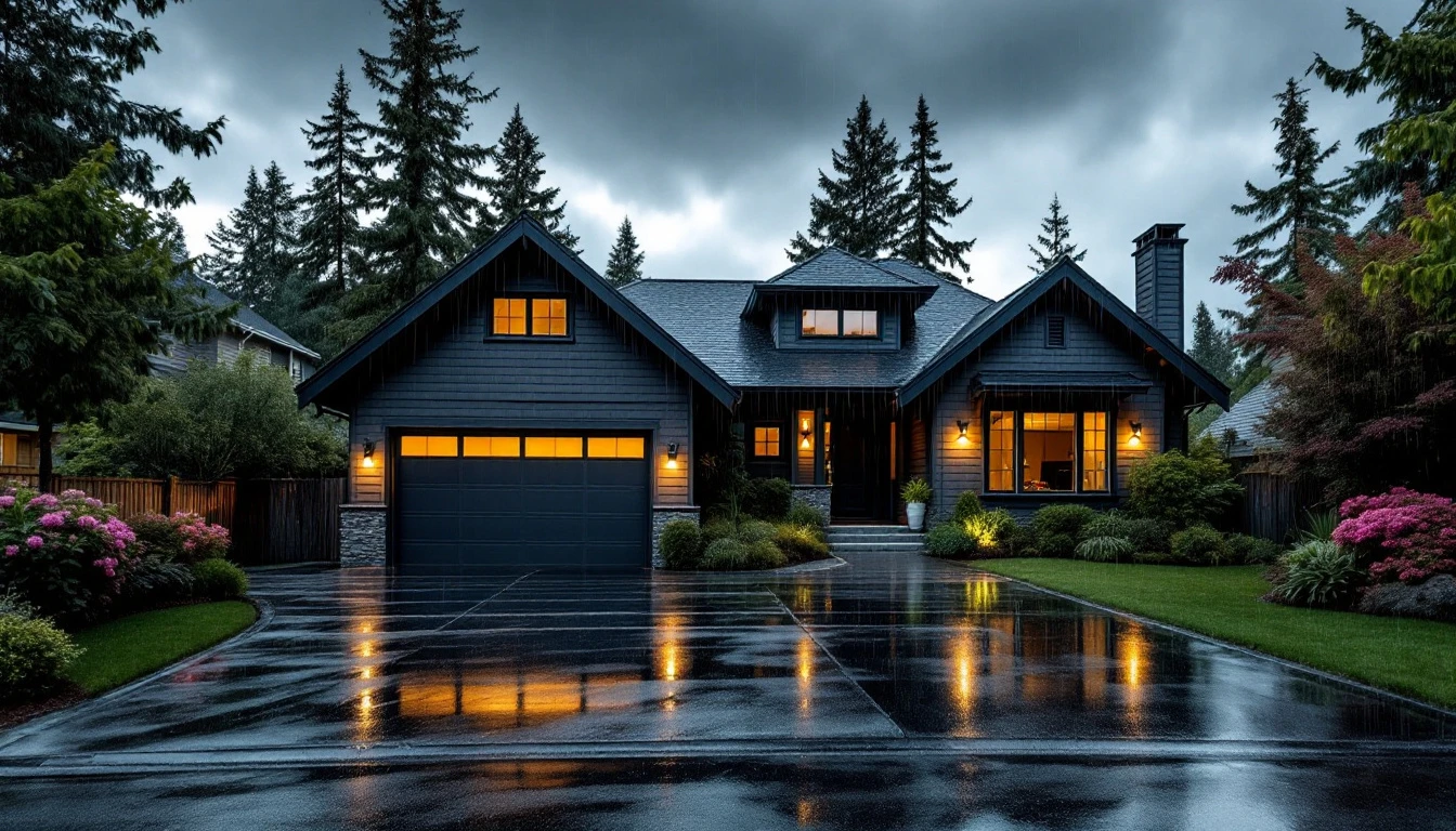 Portland home with dark garage door during heavy thunderstorm with wet driveway and storm clouds