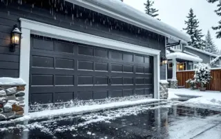 Residential garage door covered in snow and ice during Pacific Northwest winter storm