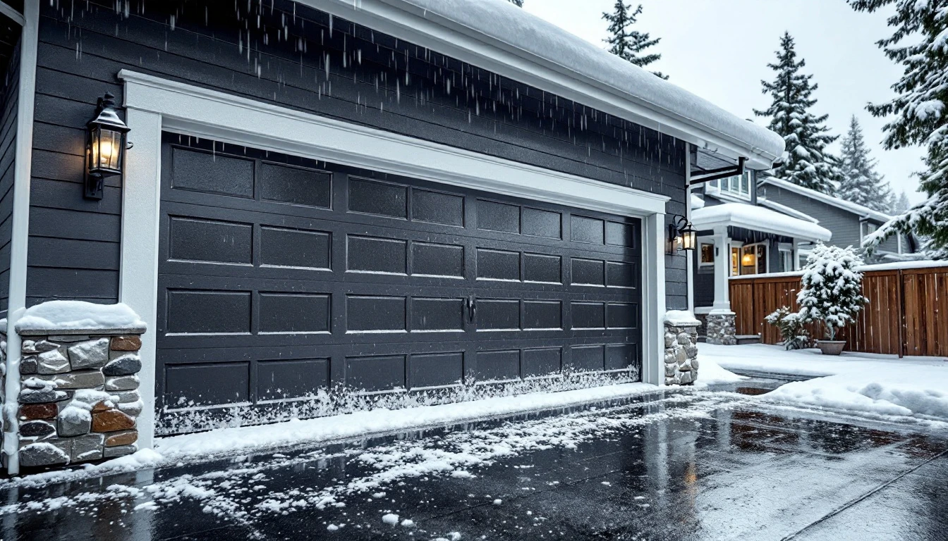 Residential garage door covered in snow and ice during Pacific Northwest winter storm