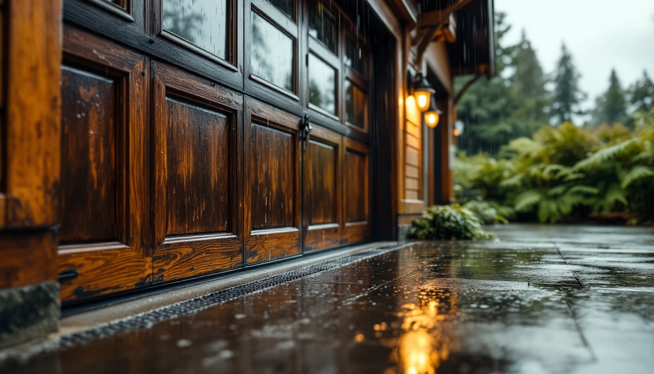 Rainwater pooling near garage door foundation during Oregon rainy season showing drainage and door seals