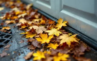 Wet autumn leaves clogging a garage door track and floor drain in Portland