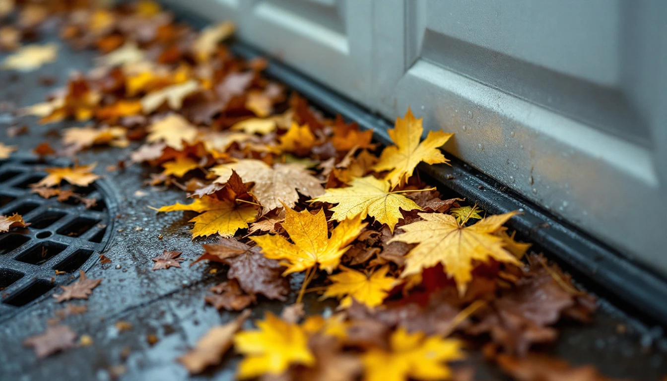 Wet autumn leaves clogging a garage door track and floor drain in Portland