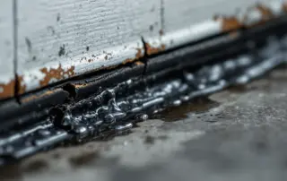 Cracked and worn garage door weather seal allowing rainwater to seep through onto concrete floor