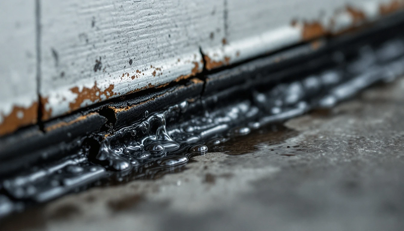 Cracked and worn garage door weather seal allowing rainwater to seep through onto concrete floor