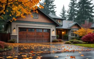 Washington home garage with fallen autumn leaves and wet driveway under overcast Pacific Northwest skies