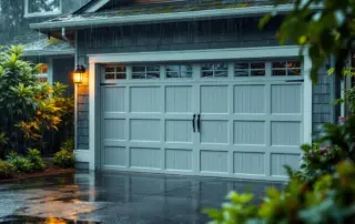 Garage door on Portland craftsman home during heavy rainstorm with water streaming down panels