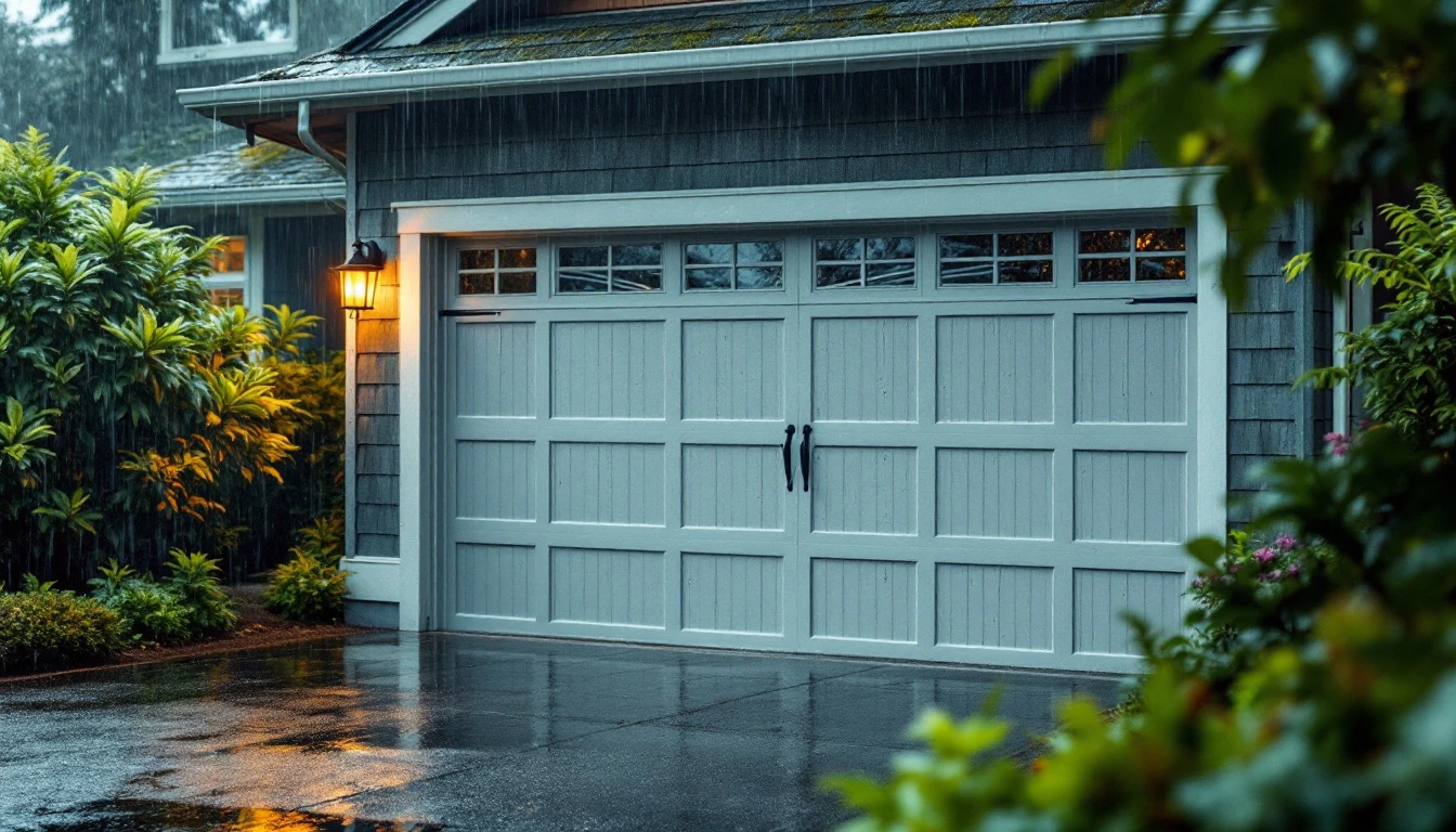 Garage door on Portland craftsman home during heavy rainstorm with water streaming down panels