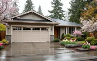 Oregon home exterior with garage door and wet driveway during spring weather transition