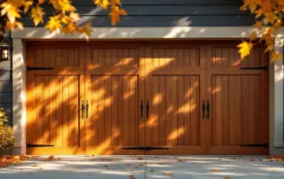 Well-maintained wooden garage door with weatherstripping and hardware on Portland craftsman home in autumn