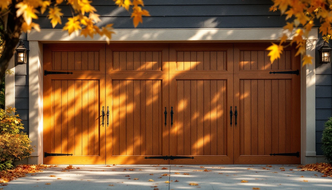 Well-maintained wooden garage door with weatherstripping and hardware on Portland craftsman home in autumn