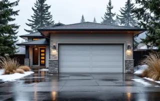 Pacific Northwest home with garage door showing moisture effects during Oregon's winter rainy season