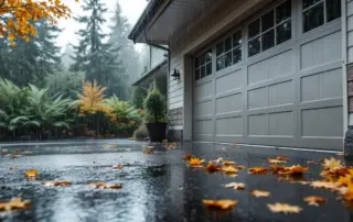 Garage door in heavy autumn rain showing water pooling along weatherstripping in Portland, Oregon