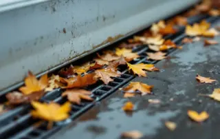 Autumn leaves clogging a garage door track with water pooling around the debris
