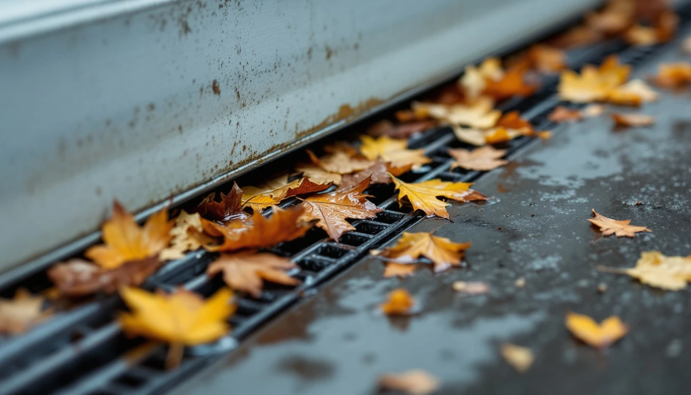 Autumn leaves clogging a garage door track with water pooling around the debris