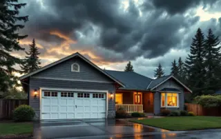 Oregon home with garage door as dark storm clouds gather overhead with wind and approaching severe weather