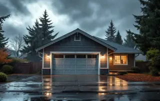 Garage door enduring heavy rain and wind during a Pacific Northwest nor'easter storm