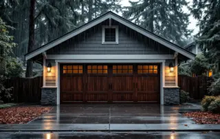 Garage door on Portland craftsman home during heavy rainstorm with water pooling at base