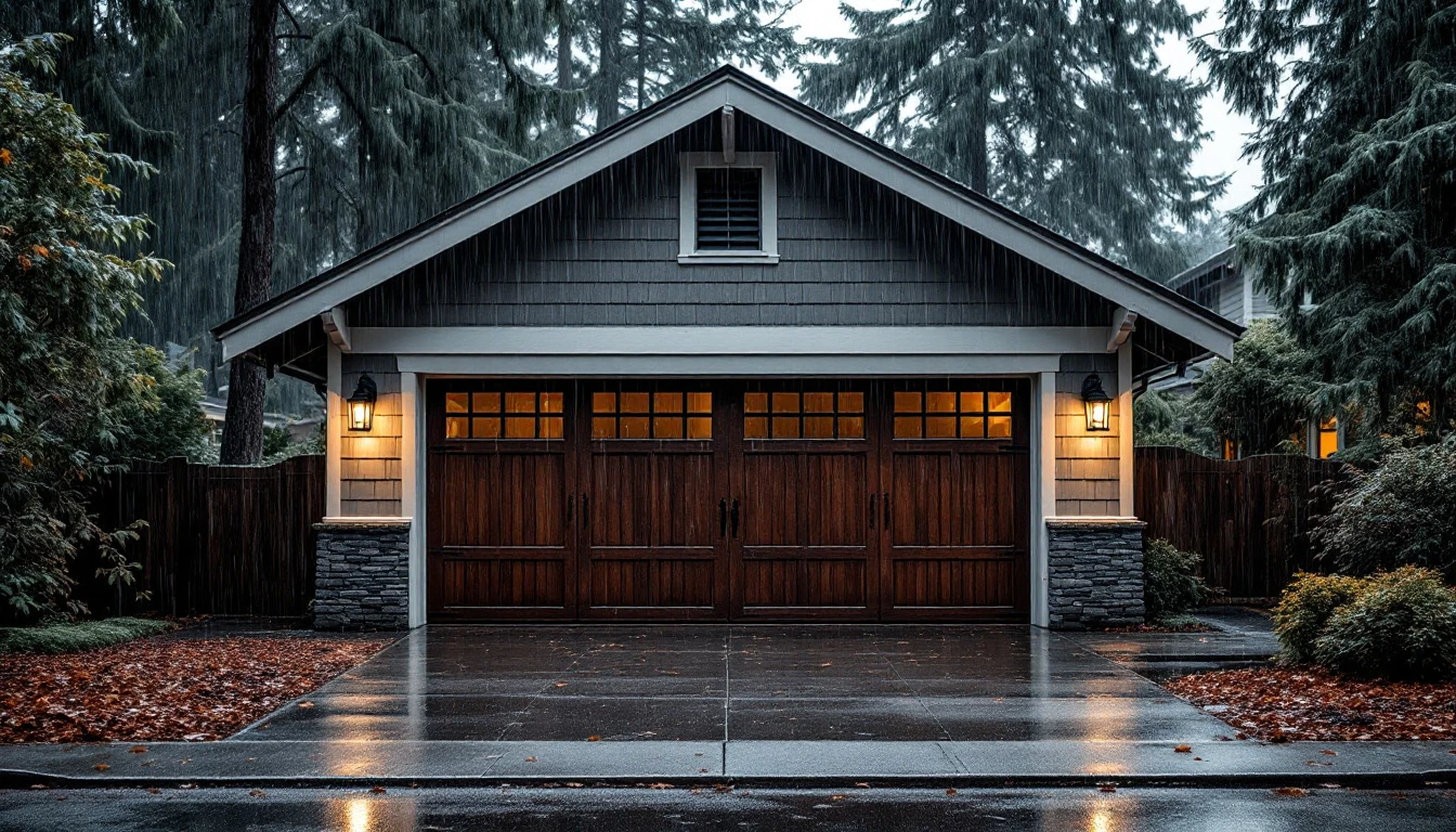 Garage door on Portland craftsman home during heavy rainstorm with water pooling at base
