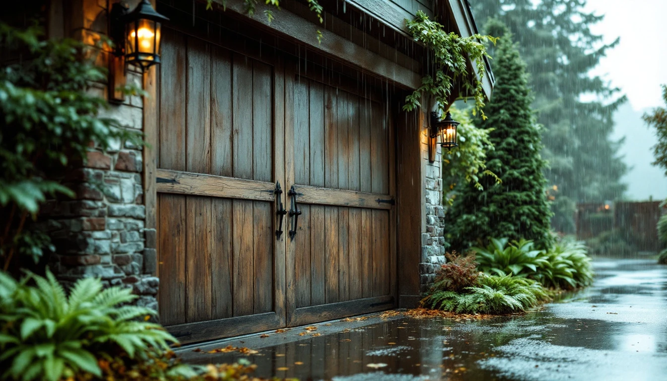 Residential garage door with proper driveway drainage during Portland's rainy season