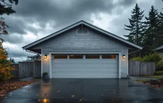Residential garage door with storm reinforcements under dark clouds in coastal Oregon