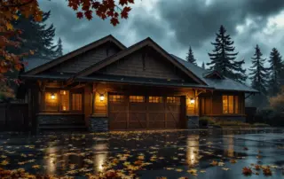 Oregon craftsman home garage door during autumn storm with wind-driven rain and fallen leaves