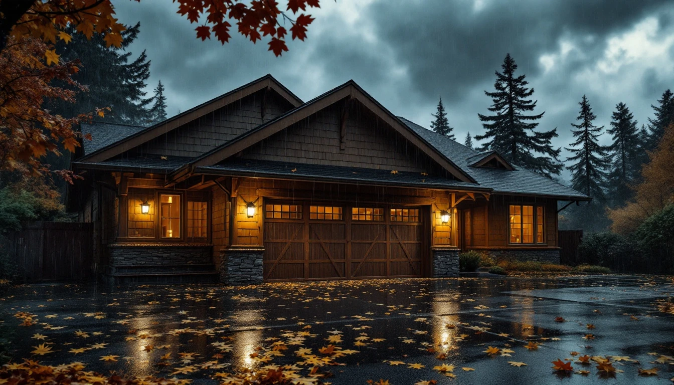 Oregon craftsman home garage door during autumn storm with wind-driven rain and fallen leaves