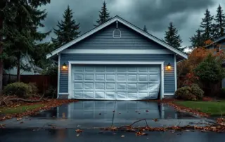 Storm-damaged garage door with bent panels and debris from high winds in Portland neighborhood