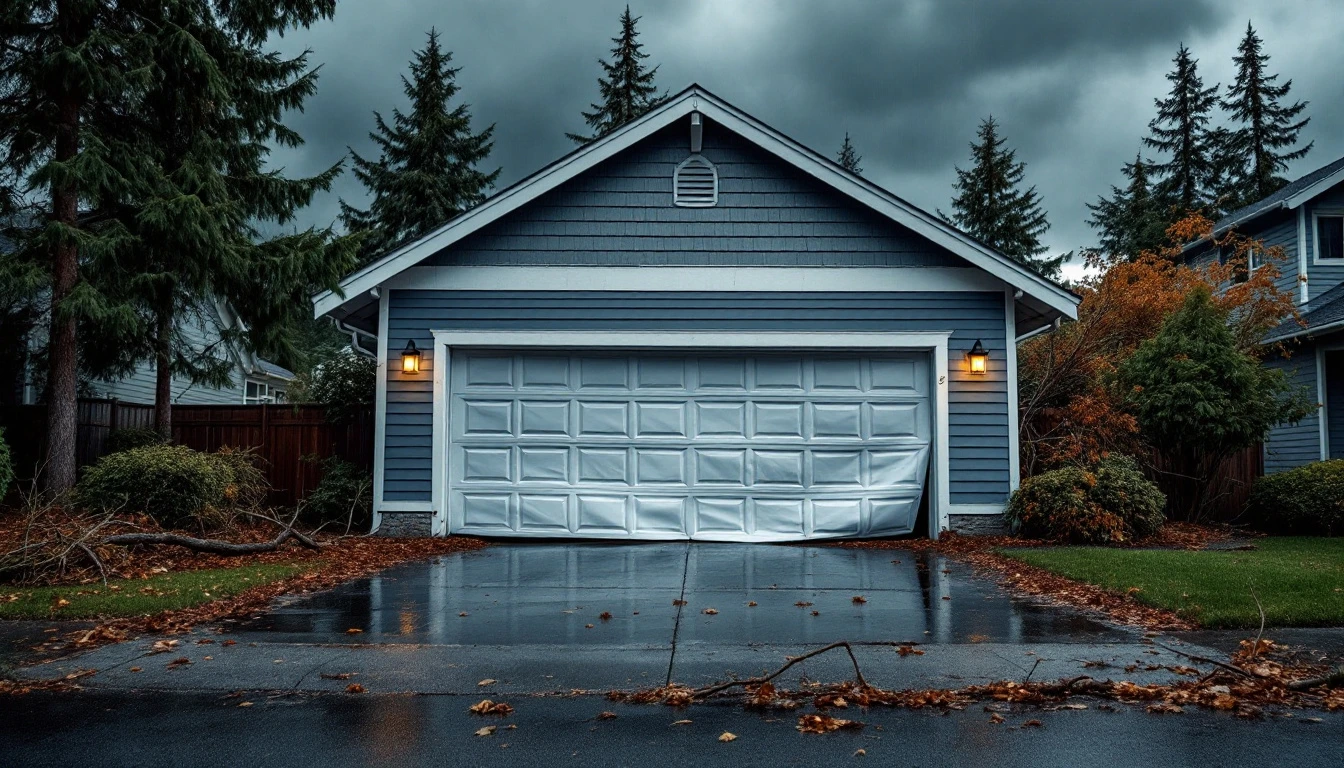 Storm-damaged garage door with bent panels and debris from high winds in Portland neighborhood