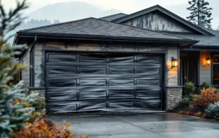 Wildfire-damaged garage door with warped panels and smoke residue on Washington State suburban home