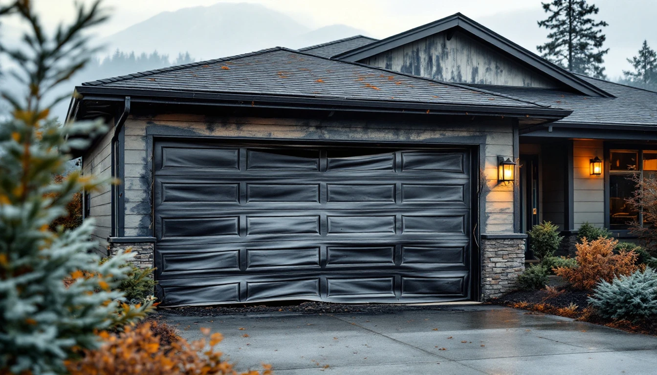 Wildfire-damaged garage door with warped panels and smoke residue on Washington State suburban home