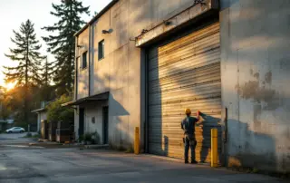 Commercial door inspection technician examining industrial rolling door on warehouse building in late summer