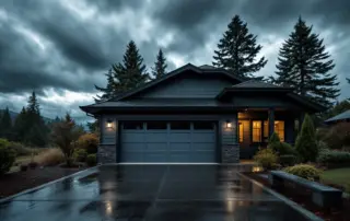 Garage door on Oregon home with dark storm clouds approaching and rain beginning to fall