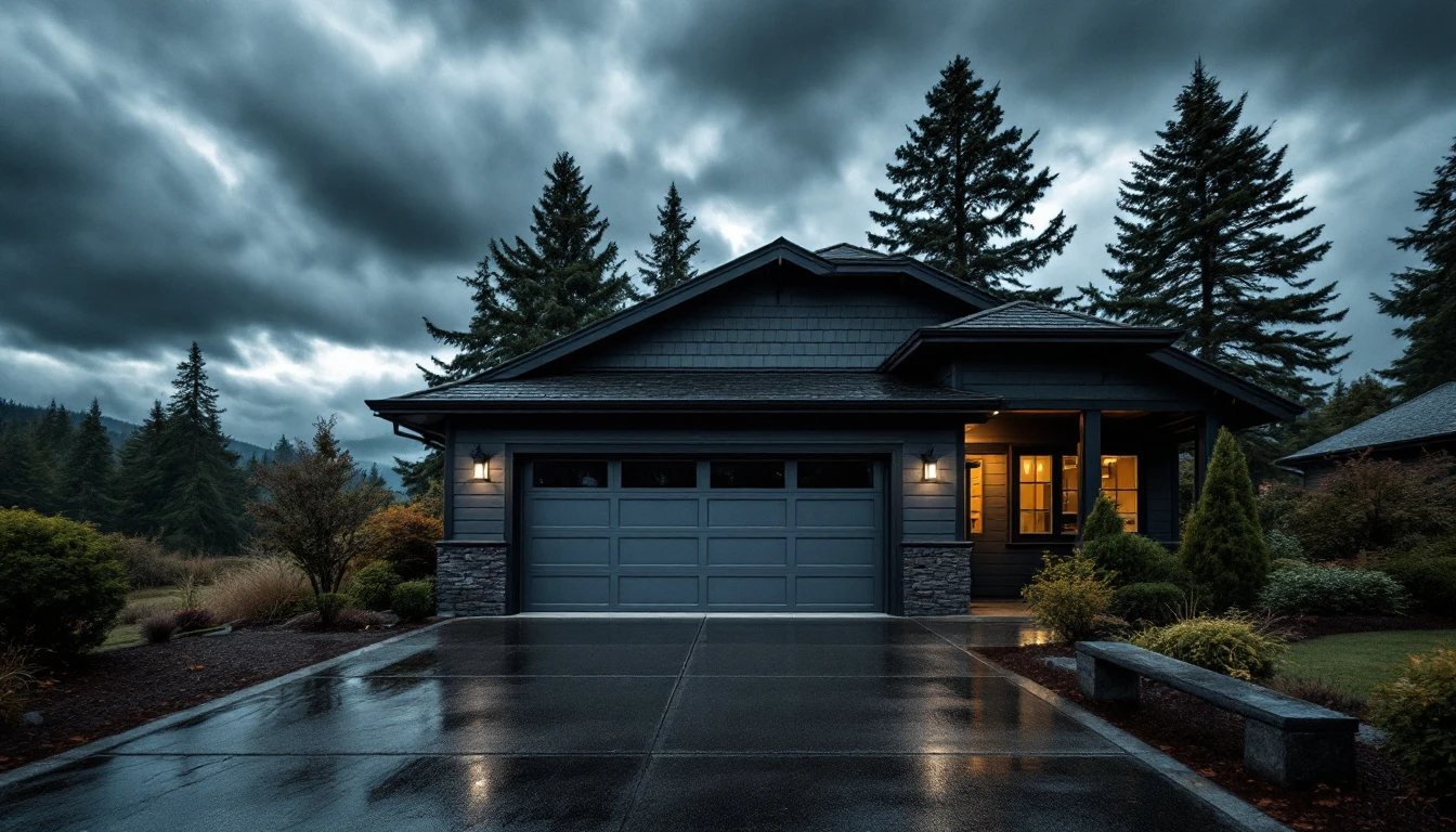 Garage door on Oregon home with dark storm clouds approaching and rain beginning to fall