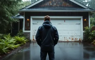 Homeowner facing malfunctioning garage door with peeling paint and visible wear on Portland craftsman home