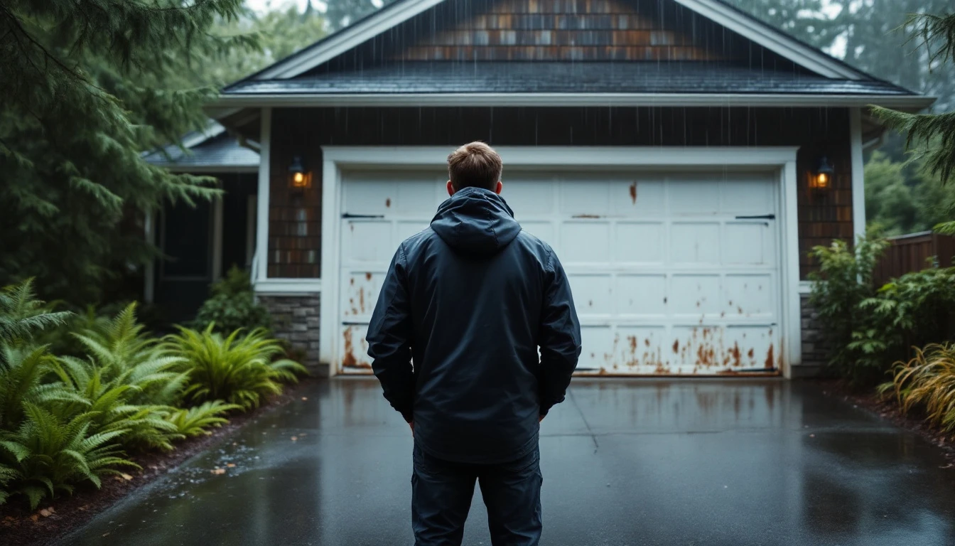 Homeowner facing malfunctioning garage door with peeling paint and visible wear on Portland craftsman home