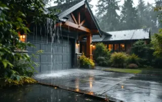 Rainwater pooling near garage foundation during Portland's rainy season showing drainage concerns
