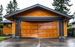 Earthquake-damaged garage door with misaligned panels and bent tracks on a SW Washington home