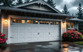 Residential garage door with weatherstripping during heavy rainstorm in Oregon