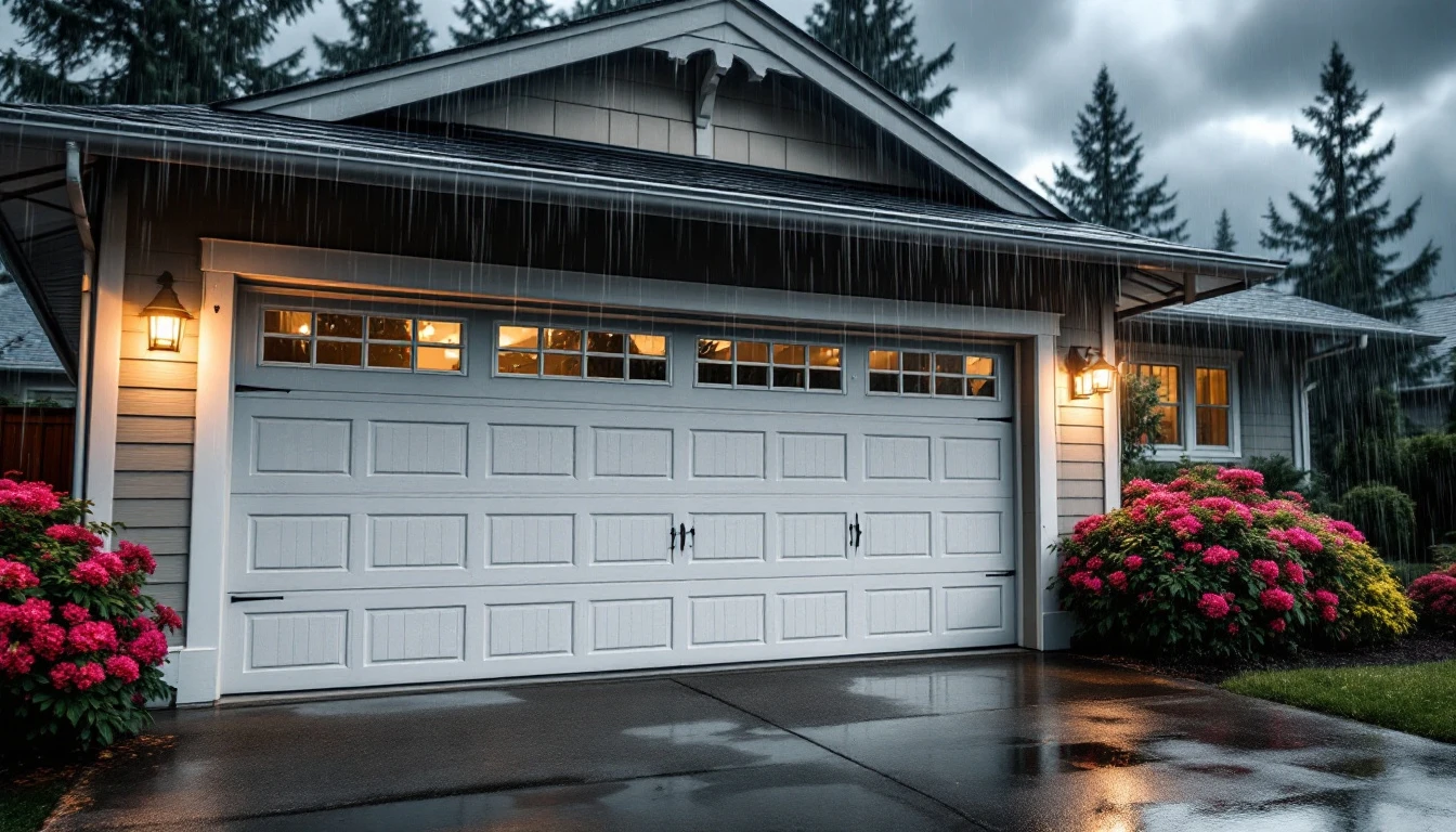 Residential garage door with weatherstripping during heavy rainstorm in Oregon