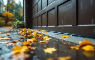 Garage door with weatherstripping during autumn rain in Oregon residential neighborhood