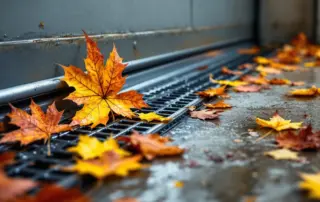 Fallen autumn leaves clogging garage door track and floor drain with rainwater pooling on concrete