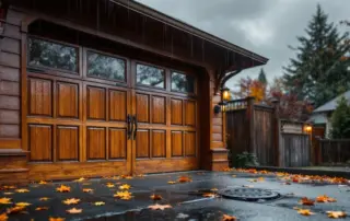Portland garage door with weather seals and driveway drainage as rain clouds gather overhead
