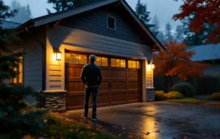 Homeowner standing before an unresponsive garage door on a rainy Portland evening