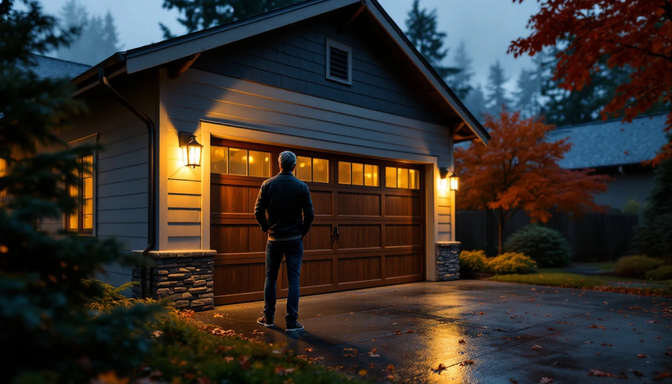 Homeowner standing before an unresponsive garage door on a rainy Portland evening