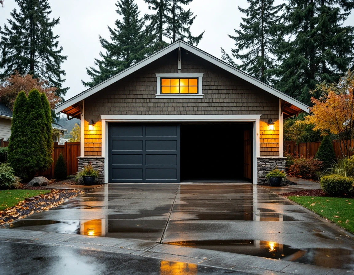 Craftsman home garage door stuck halfway open in Portland driveway on overcast day