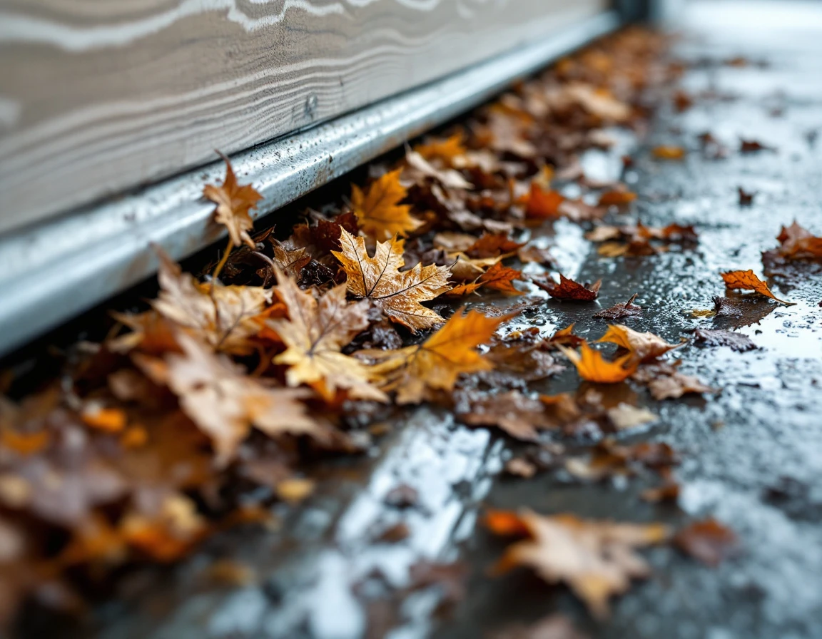 Wet autumn leaves packed in garage door track creating drainage blockage