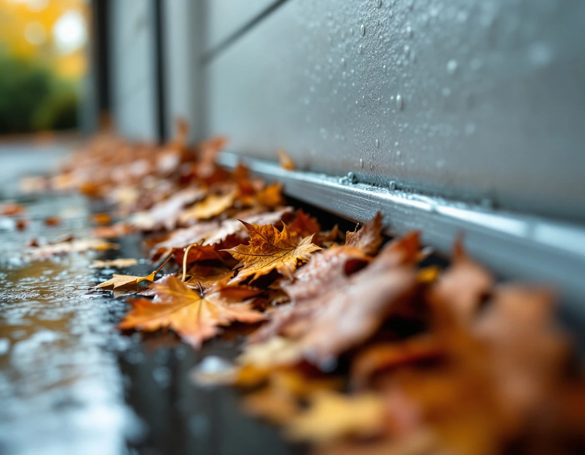 Wet autumn leaves clogged in aluminum garage door track with visible debris buildup