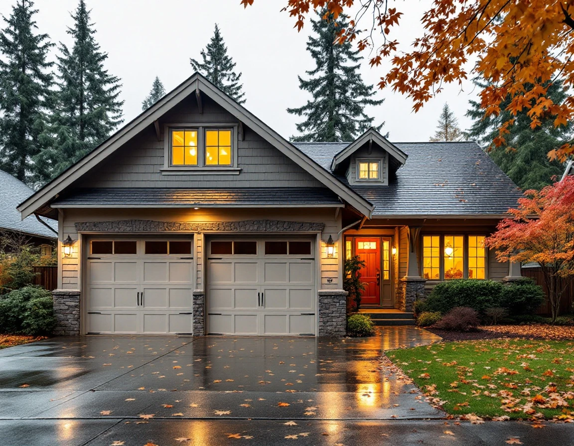 Portland suburban home with closed garage door showing interior light during fall storm conditions